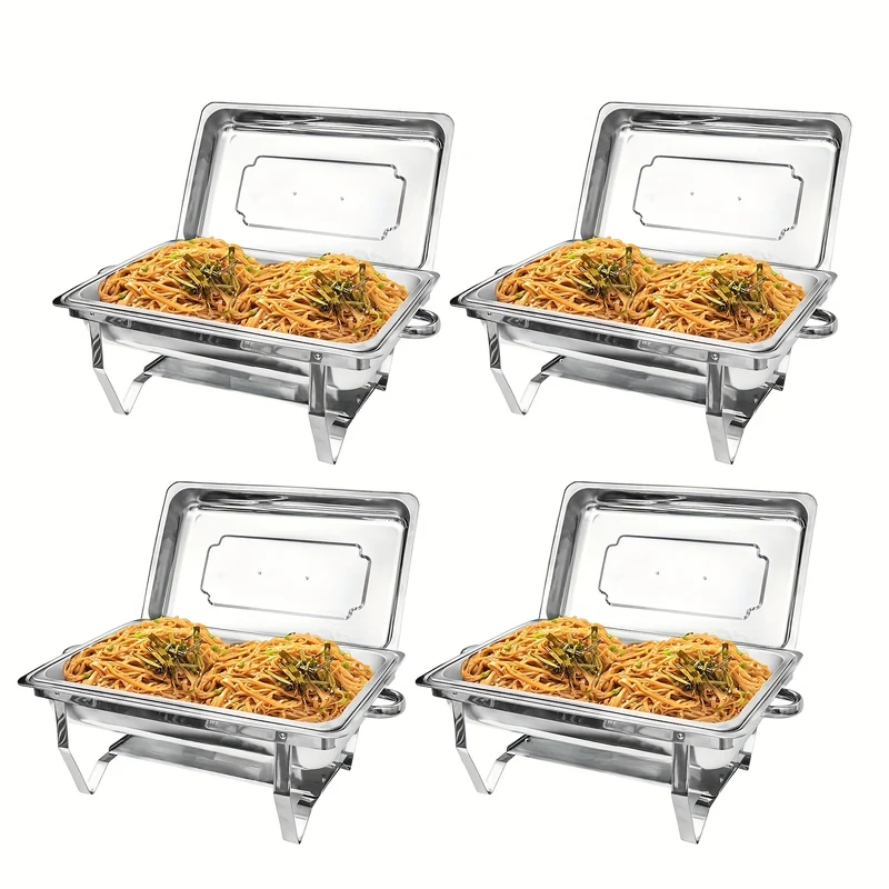 Cateringwarmer – Chafing Dish – Buffetset – Warmhoudschaal – Chafer – RVS – 4-delig – 8 Quart – Rechthoekig – Warmhoudfunctie Zonder Stroom