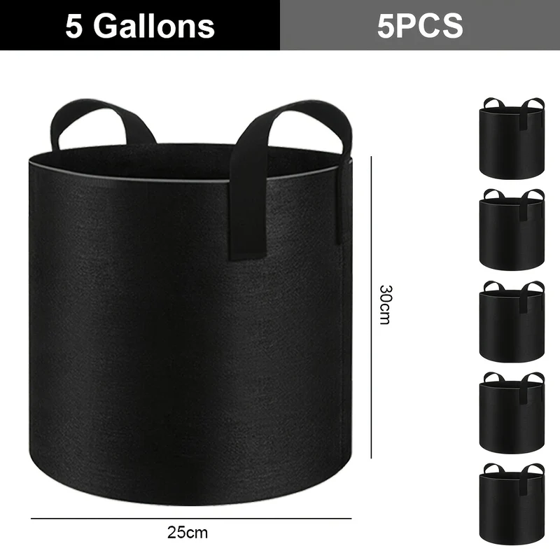 Set van 5 Plantenzakken met Handvatten – Grow Bags en Plantencontainers – Capaciteit 11–37L