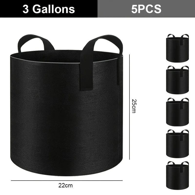 Set van 5 Plantenzakken met Handvatten – Grow Bags Plantenzakken en Plantencontainers – Capaciteit 11–37L