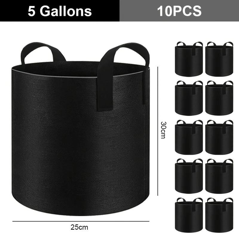 Set van 10 Plantenzakken met Handvatten – Grow Bags Plantenzakken en Plantencontainers – Capaciteit 11–37L