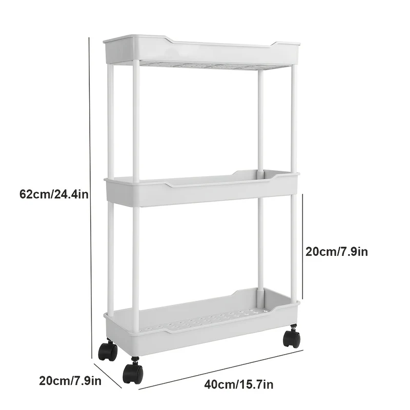 Drielaags Rollende Plankenwagen – Wit – Brede Opbergwagen met 4 Zwenkwielen – Multi-Layer Organisatie, Afmetingen 62×40×20 cm