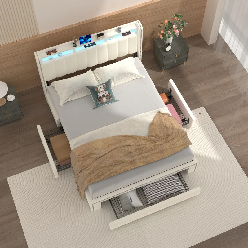 Modern Gestoffeerd Tweepersoonsbed 90x200 cm – 3 Lade-opslag, USB LED Hoofdeinde & Stevig Metalen Frame – Roze Accentladen, Ruimtebesparend en Eenvoudig te Monteren