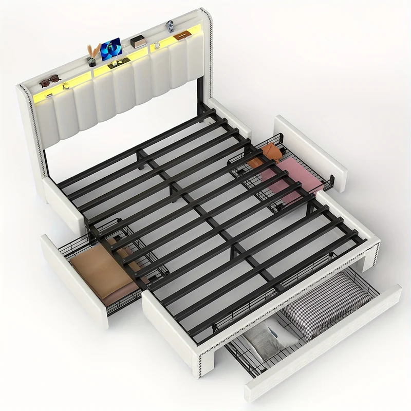 140x200 cm Tweepersoonsbed Frame met 3 Lade-opslag & USB LED Hoofdeinde – Modern Gestoffeerd Bed, Stevig Metalen Frame, Eenvoudig te Monteren