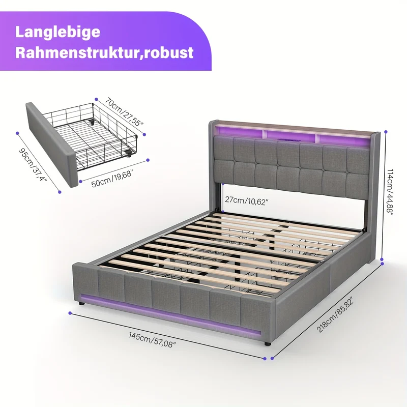 140x200 cm Tweepersoonsbed Frame met 4 Lade-opslag – RGB LED Hoofdeinde met Oplaadstation (USB/Type-C/Stopcontacten) – Gestoffeerd Platformbed met Stevig Metaal-Hout Frame