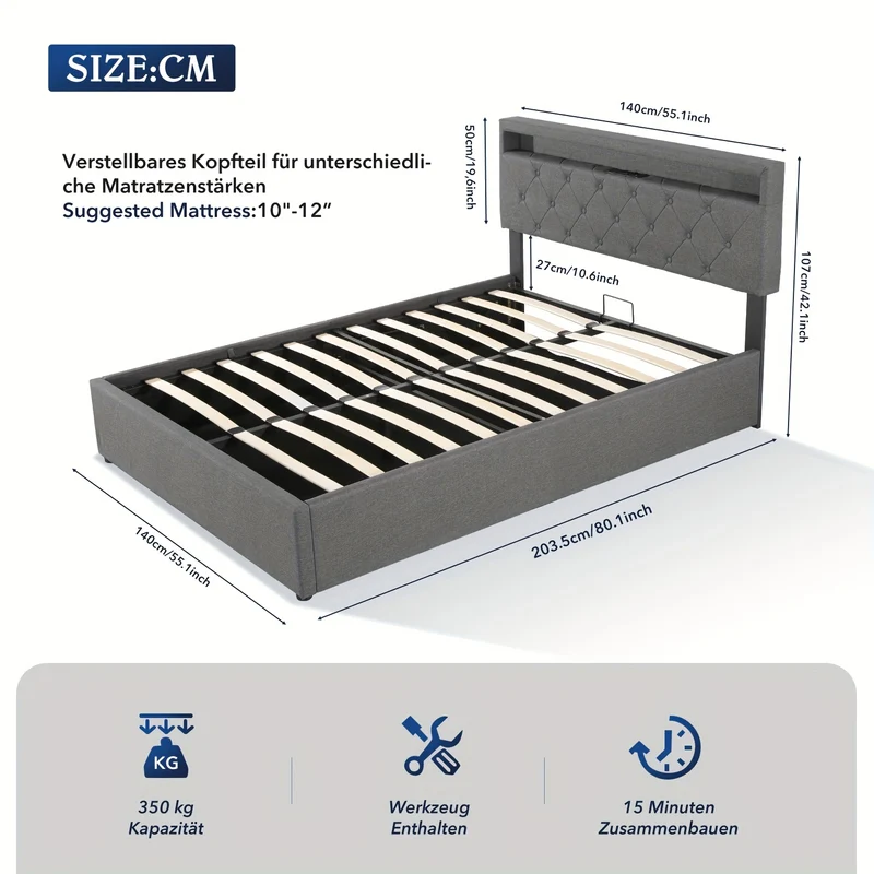 Gestoffeerd Tweepersoonsbed 140x200 cm met Opbergruimte – LED Hoofdeinde, Ottoman Hydraulisch Bedframe met Lattenbodem – Grijs, Modern en Ruimtebesparend (Exclusief Matras)