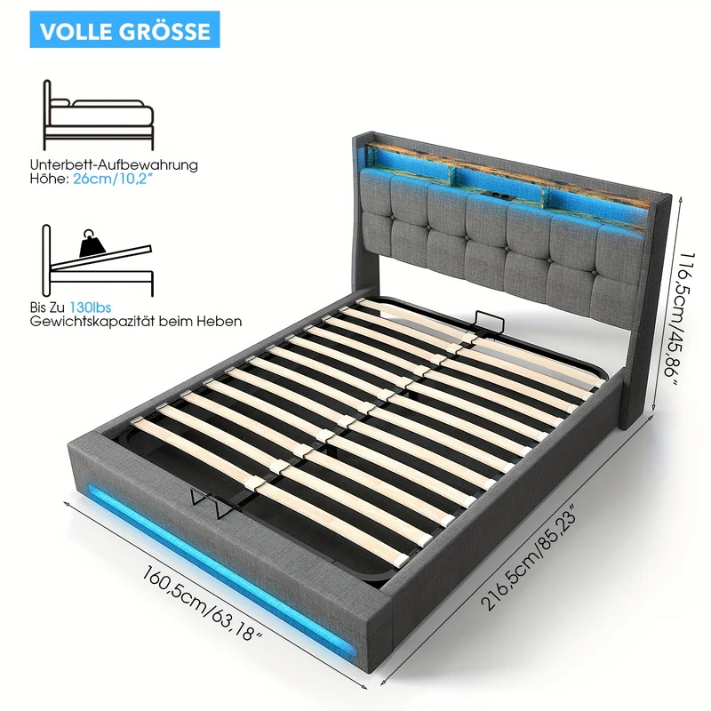 Tweepersoonsbed Frame 160x200 cm met Onderbed Opbergruimte – Modern Platformbed met USB LED, Verstelbare Hoogte (26 cm), Grijs Gestoffeerd Hoofdeinde & Voetbord
