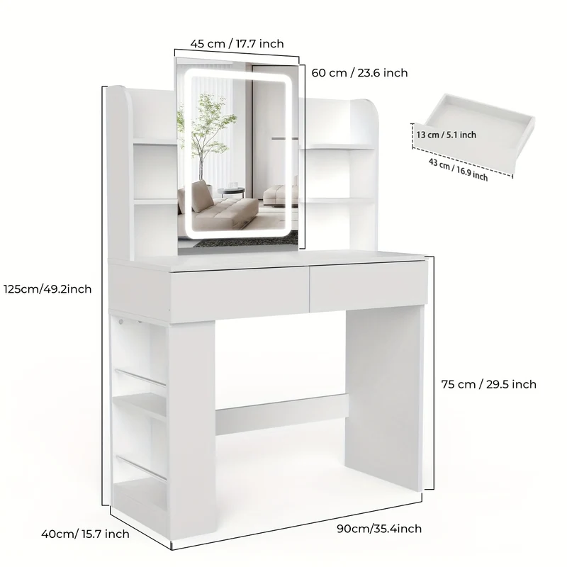 Kaptafel met LED Spiegel – 3 Lichtkleuren, Instelbare Helderheid – 2 Laden & 4 Opbergplanken, 90×40×135 cm – Modern Wit, Minimalistisch Ontwerp