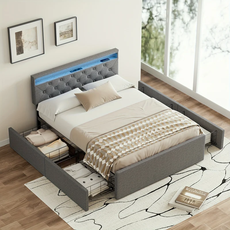 Bedbank – Slaapbank – Slaapstoel – Bankbed – Bedframe – 140x200 cm – Gestoffeerd Grijs Linnen – 4 Lades & USB LED Hoofdbord