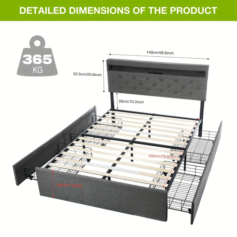 140x200 cm Tweepersoonsbed Frame – Gestoffeerd Platformbed met Opberghoofdeinde & 4 Laden – Linnen Grijs, Metaal-Hout Frame, Modern en Eenvoudig te Monteren