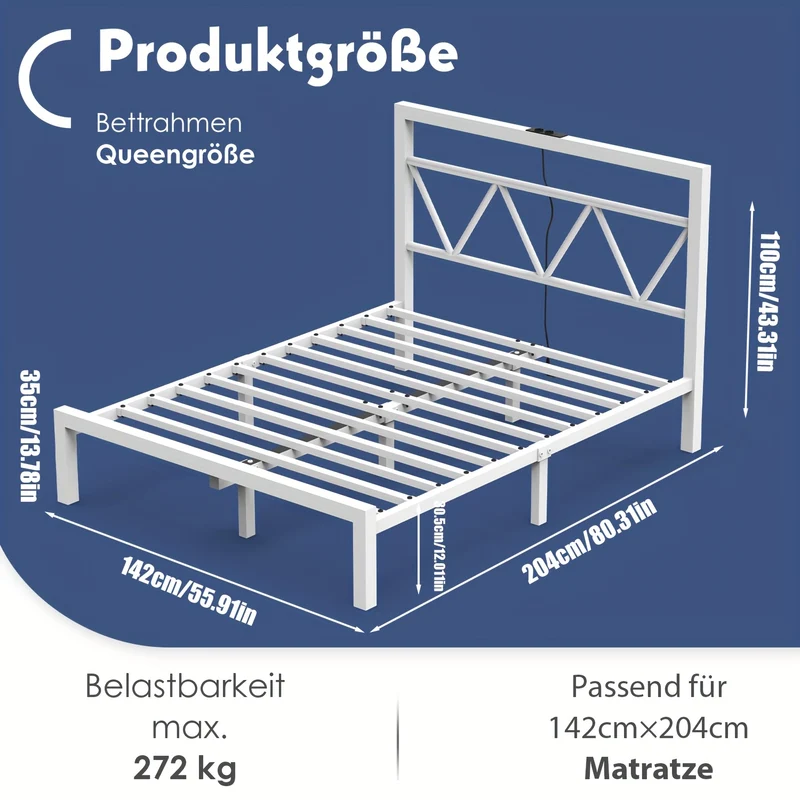140x200 cm Eenpersoonsbed Frame met Oplaadstation – Metalen Platformbed met Hoofdeinde – Wit, Modern en Minimalistisch