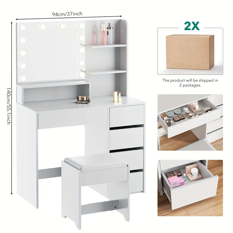 Kaptafel met Spiegel en Kruk – Wit – Make-up Tafel met Laden, Open Planken en 12 LED-Lampen, Instelbare Helderheid – Modern voor Slaapkamer
