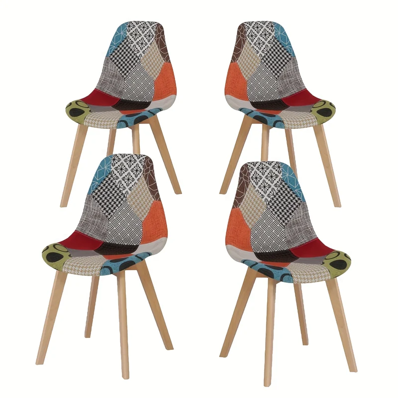 Set van 4 Patchwork Eetkamerstoelen – Uniek Design, Beukenhouten Poten – Rood, Geschikt voor Keuken, Woonkamer en Diverse Gelegenheden