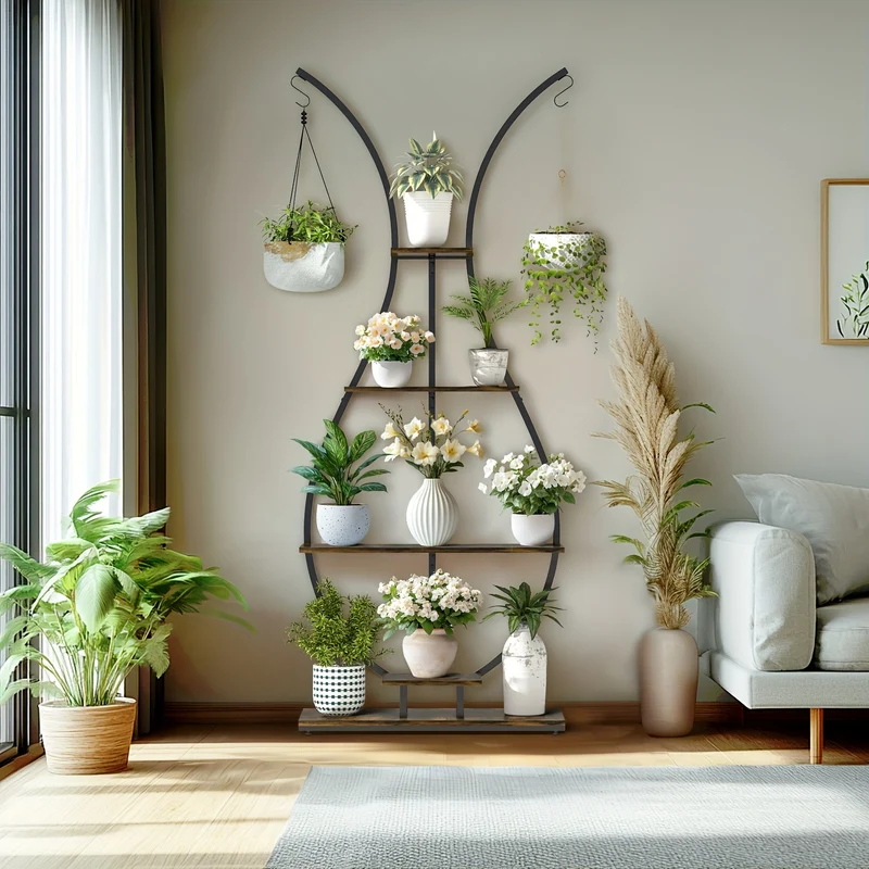 Vaasvormige Plantenstandaard – 5-Lagen Hoge Plantenplank met Metalen Frame en Haakjes – Indoor Plant Display voor Woonkamer, Balkon of Thuisdecoratie