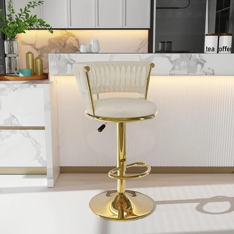 Luxe Royal-Style Barkruk – Verstelbare Hoogte, Draaibaar – Fluwelen Zitting met Gouden Poten, Stevige Ronde Kruk voor Keuken, Home Bar of Café – Elegant Design in Goud & Wit