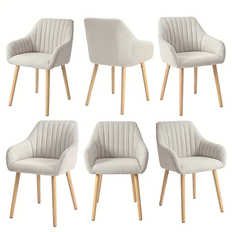 Set van 2/4/6 Minimalistische Eetkamerstoelen – Comfortabele Stoelen met Rugleuning, Armleuningen en Houten Poten – Beige, Voor Eetkamer en Hal