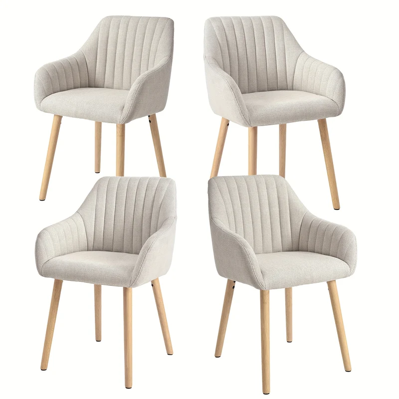 Set van 2/4/6 Minimalistische Eetkamerstoelen – Comfortabele Stoelen met Rugleuning, Armleuningen en Houten Poten – Beige, Voor Eetkamer en Hal