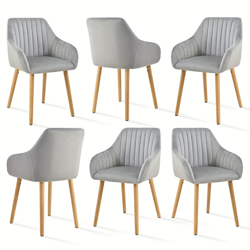 Set van 2/4/6 Minimalistische Eetkamerstoelen – Comfortabele Stoelen met Rugleuning, Armleuningen en Houten Poten – Grijs, Voor Eetkamer en Hal