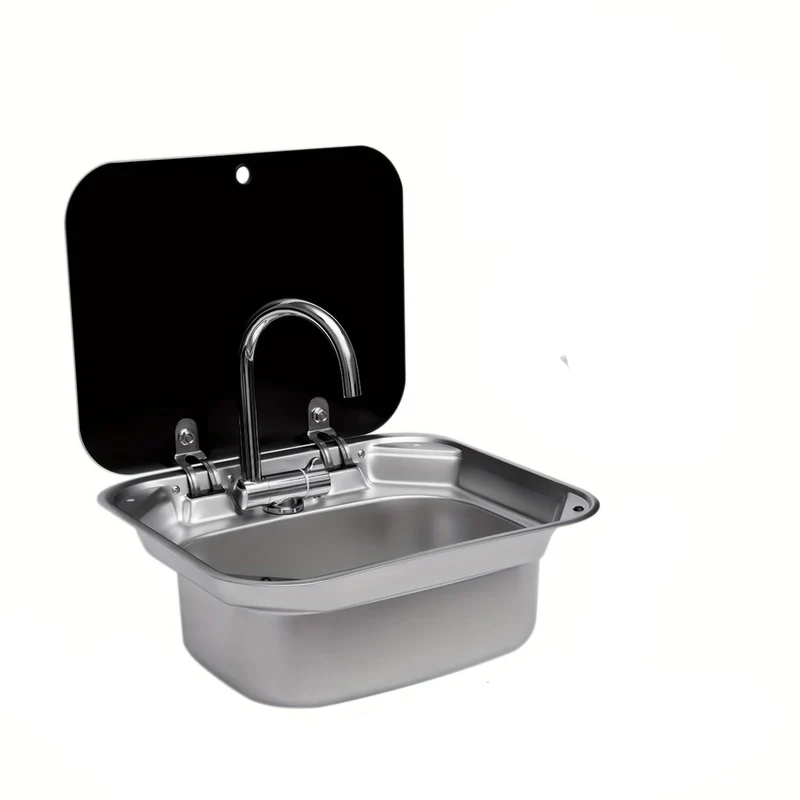 Spoelbak – Keukenspoelbak – Wasbak – Gootsteen – Enkele Spoelbak – RVS 304 & Gehard Glas – Compact Ruimtebesparend Design – Inclusief Kraan – Zilver