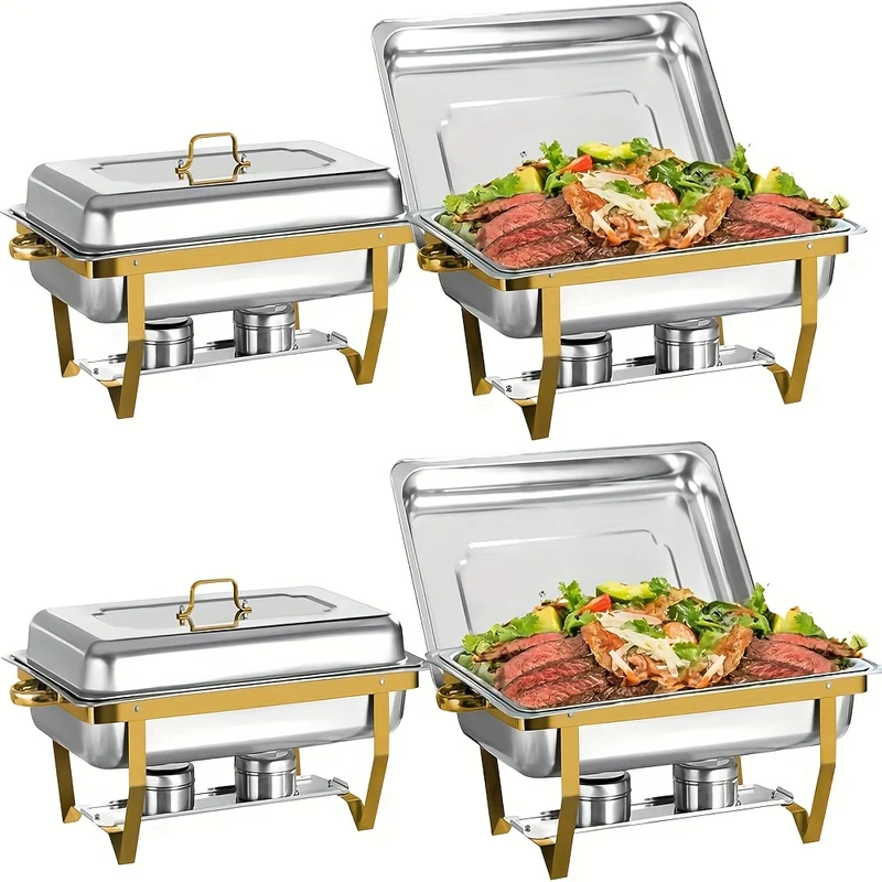 Chafing Dish Set – Warmhoudpan – Buffetpan – Serveerschotel – Au Bain-Marie – 4-Delige Set Goud – RVS 201 Roestvrij Staal – 9 Liter Inhoud – Geen Stroom Nodig – Elegant Stackbaar Design