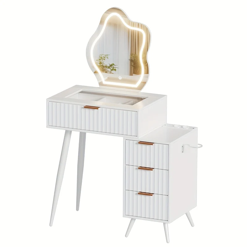 Kaptafel – Make-up Tafel – Opmaaktafel – Cosmeticatafel – Witte Kaptafel – Glazen Blad – 4 Lades – 80x40x128 cm