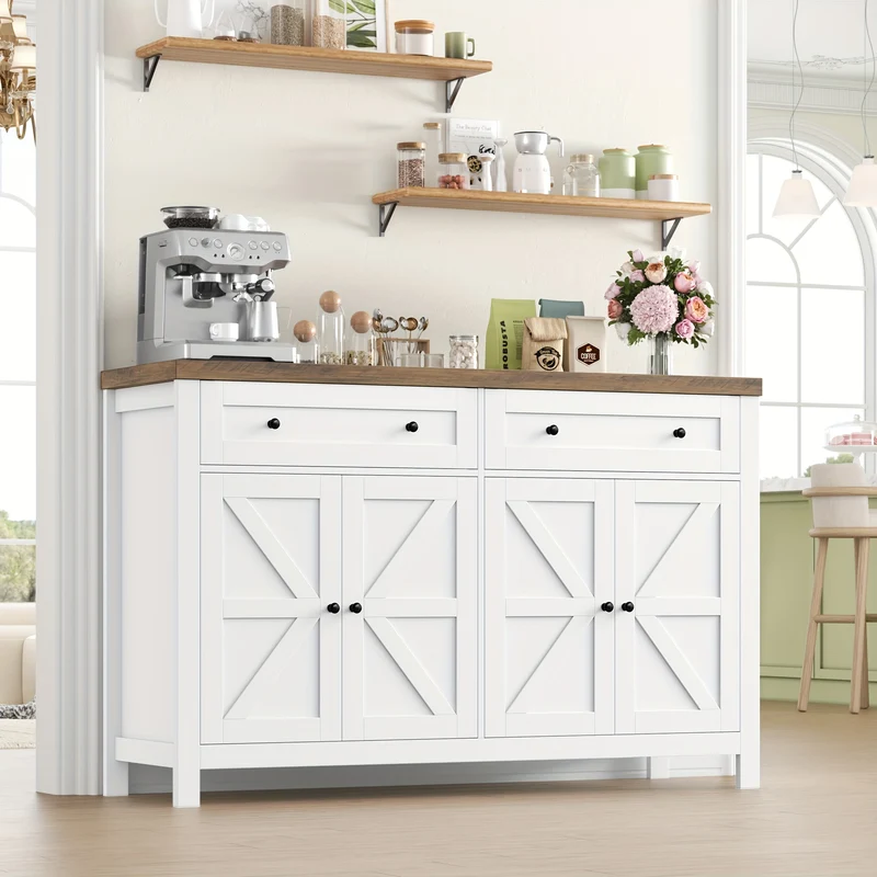 Dressoir – Sideboard – Buffetkast – Opbergkast – Keukenkast – 140 cm breed – Verstelbare plank – Wit frame met bruin houten blad