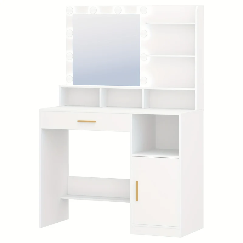 Dressing Table with Mirror And 10 LED Lights, Dressing Table with 3 Shelves & 4 Open Compartments, Dressing Table with Large Drawer & Cabinet, 3 Adjustable Lighting Levels, Mounted Closet Systems
