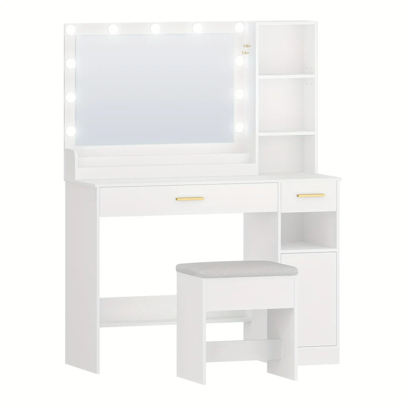 Kaptafel – Make-up Tafel – Cosmeticatafel – Opmaaktafel – Meubel – Grote HD Spiegel – 11 LED Verlichting Met Dimbare Driekleurige Lichtstanden – 5 Laden & 2 Kastjes – Wit – 40x108x149 cm