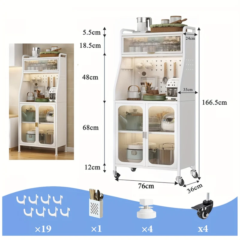 Keukenkast – Hoge Kast – Opbergkast – Magnetronkast – Buffetkast – Verstelbare Planken – Op Wieltjes – 66x36x160 cm – Stevig Metaal