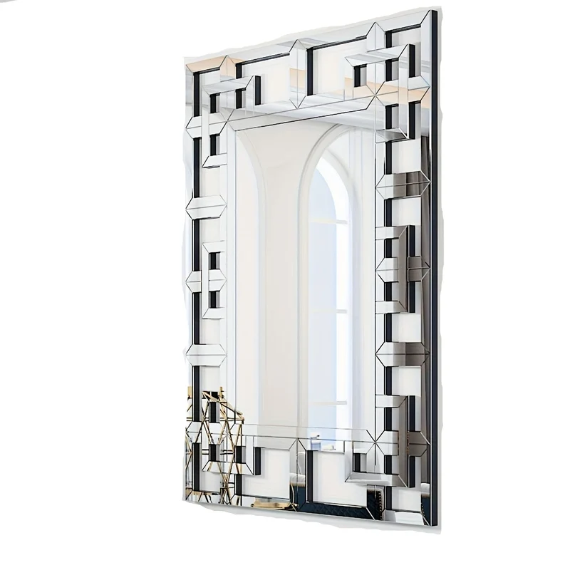 Wandspiegel – Passpiegel – Staande Spiegel – Badkamerspiegel – Make-up Spiegel – Grote Afmeting 100x70 cm – Zilverkleurig MDF Frame Met Geometrisch Design
