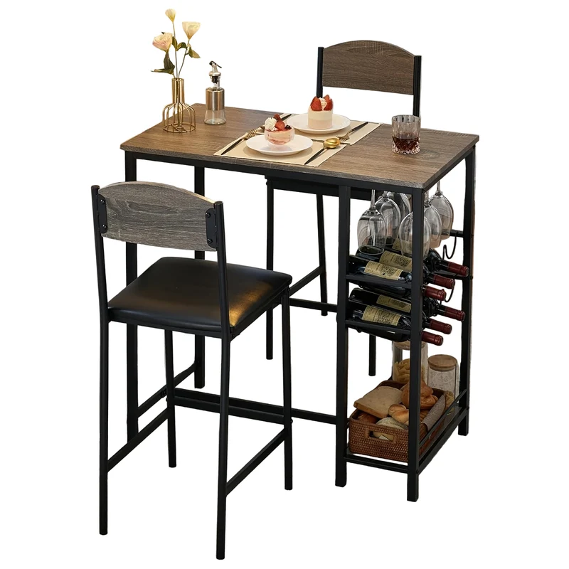 Barset – Barkrukken Set – Keukentafel – Bartafel – Bistroset – Compact 2 Persoons – Met Voetsteun – Stabiel Metaal – MDF Tafelblad Bruin
