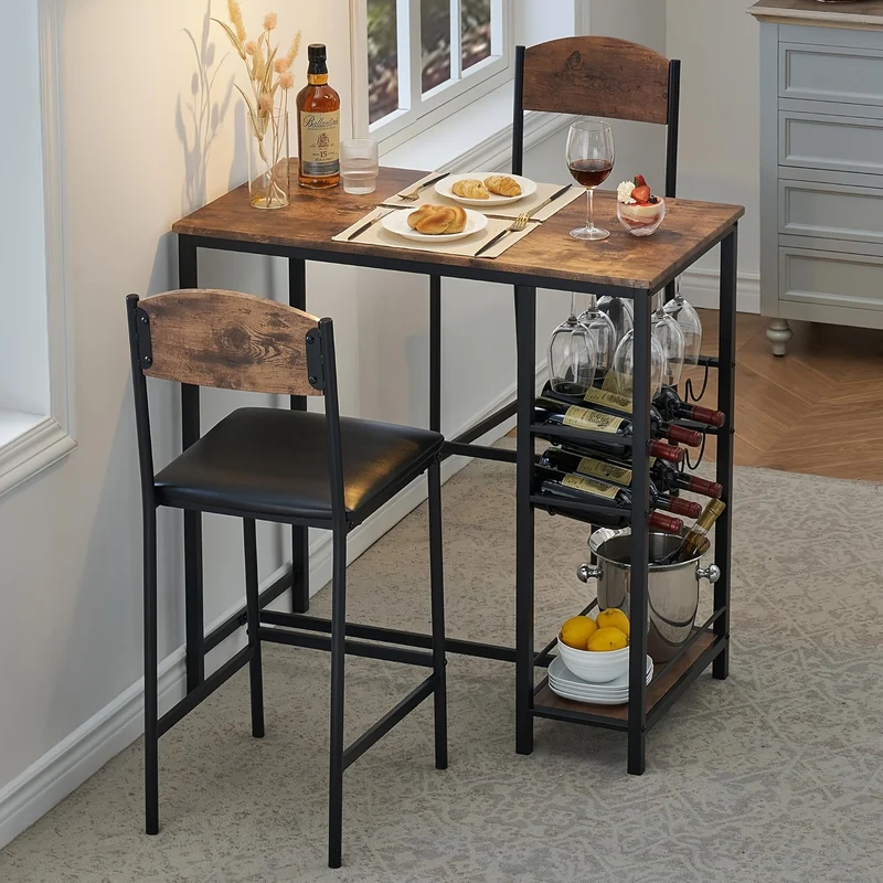 Bar Table Set for 2 with Footrest, Kitchen Dining Table with 2 Upholstered Chairs, Small Space Counter Height Barstools for Counter Bar, Sturdy and Durable, Easy to Assemble, Rustic Brown