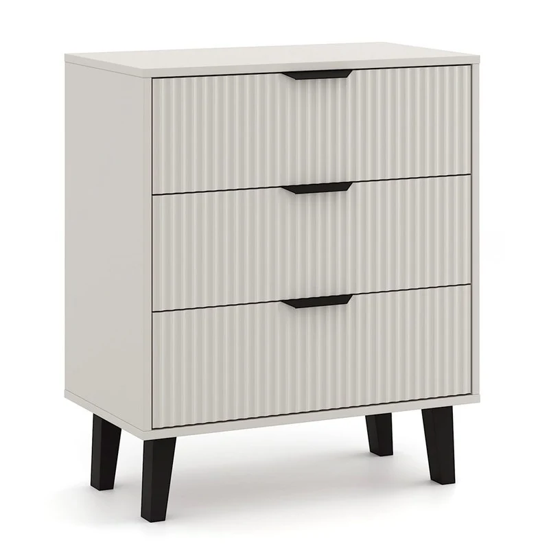 Ladekast – Dresser – Ladekastje – Opbergmeubel – Kabinet – Cashmere Beige Kleur – 3 Ruime Lades – Geribbelde Fronten – Zwarte Poten