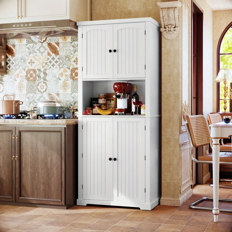 Voorraadkast – Keukenkast – Opbergkast – Buffetkast – Vitrinekast – Wit – 7 Schappen – Vintage Design – Werkblad