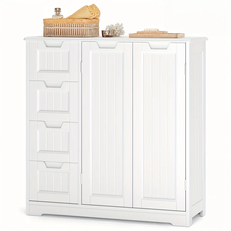 Badkamerkast – Badkamermeubel – Opbergkast – Kolomkast – Wastafelonderkast – Wit Hout – 2 Deuren 4 Laden – 68,5 cm Hoog – 90 Liter Inhoud – Bloemmotief – Vrijstaand