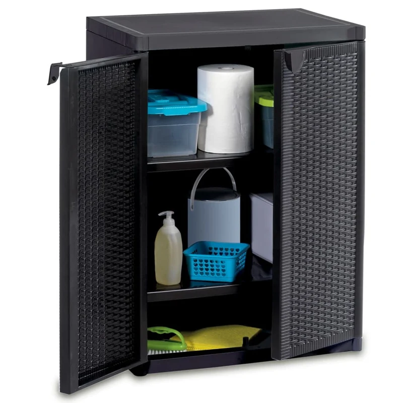 Tuinkast – Tuinopbergkast – Tuinkist – Buitenkast – Berging – Zwart – Compact 65x45x88 cm – PP Rattan Look