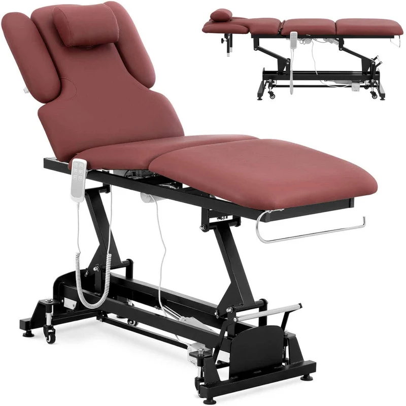 Massagetafel – Behandelbank – Massagebed – Behandeltafel – Massagebank – Elektrisch verstelbaar – Max Draagvermogen 250 KG – 3 Motoren – Luxe bordeaux kunstleer