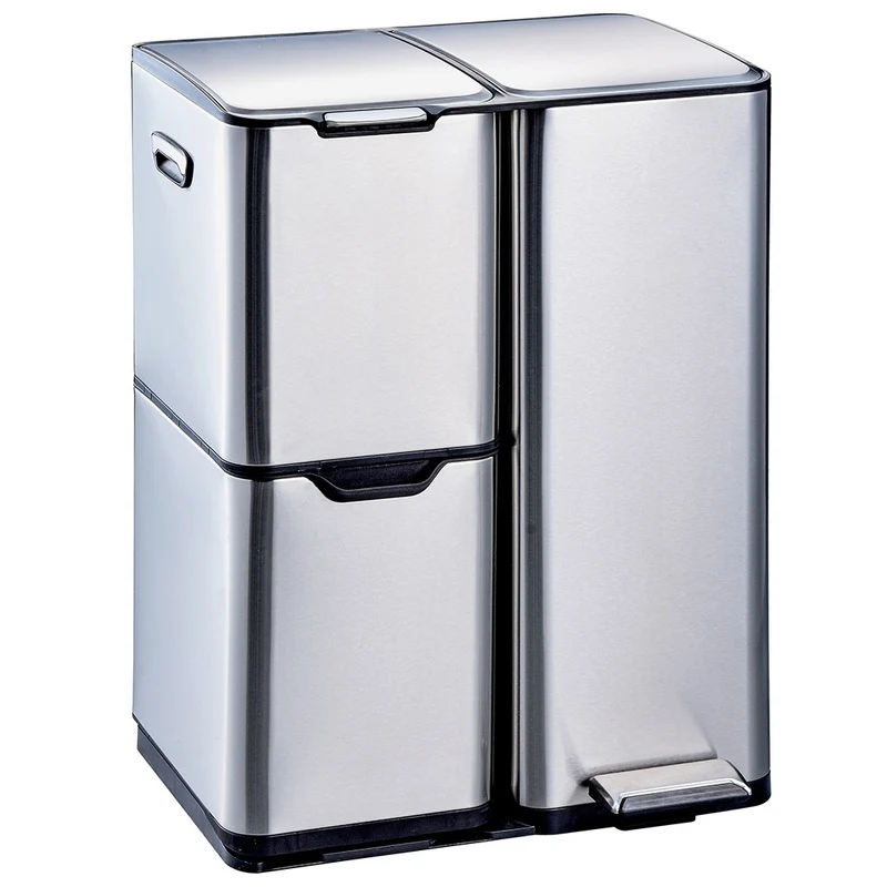 Prullenbak – Afvalbak – Afvalemmer – Pedaalemmer – Vuilnisbak – 60 Liter – Drie Compartimenten – RVS Geborsteld