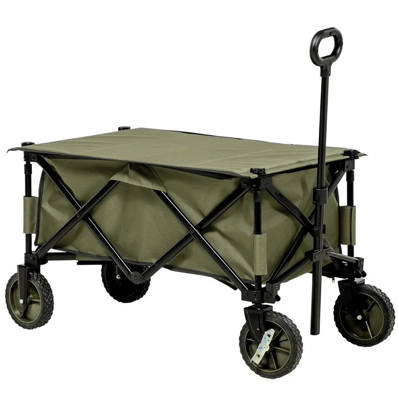 Strandkar – Bolderkar – Transportkar – Bolderwagen – Trekkar – Opvouwbaar – Verstelbare Telescopische Duwstang – 125L Inhoud – 100 kg Draagvermogen – Groen