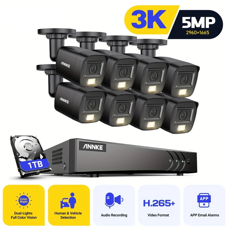 Beveiligingscamera – Camerabewaking – Beveiligingssysteem – Buitencamera – 8-Kanaals 3K UHD – AI Mens- & Voertuigdetectie – 1TB HDD Nachtzicht Kleurenscherm