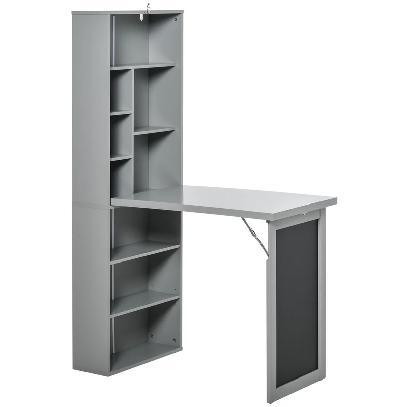 Opklapbureau – Klaptafel – Wandbureau – Computertafel – Werktafel – Met Opbergruimte – Verstelbaar Krijtbord – Ruimtebesparend Donkergrijs