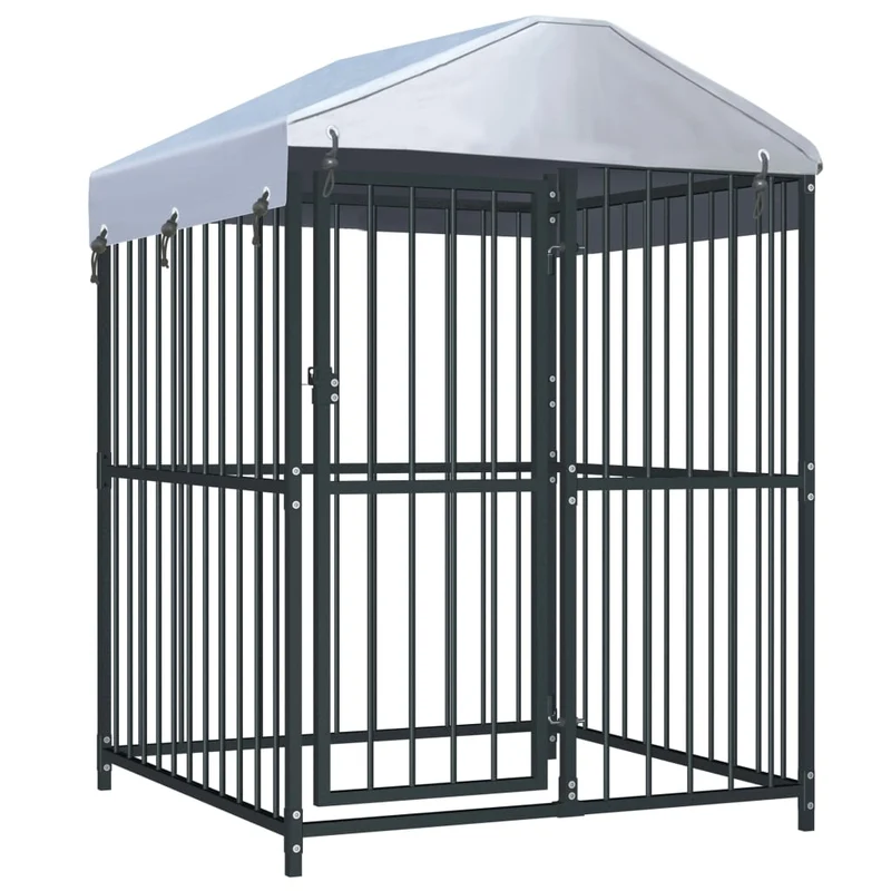 Buitenkennel Honden – Hondenren – Hondenhok – Hondenverblijf – Zwart – Stalen Frame – Weerbestendig Dak 120x120x150 cm