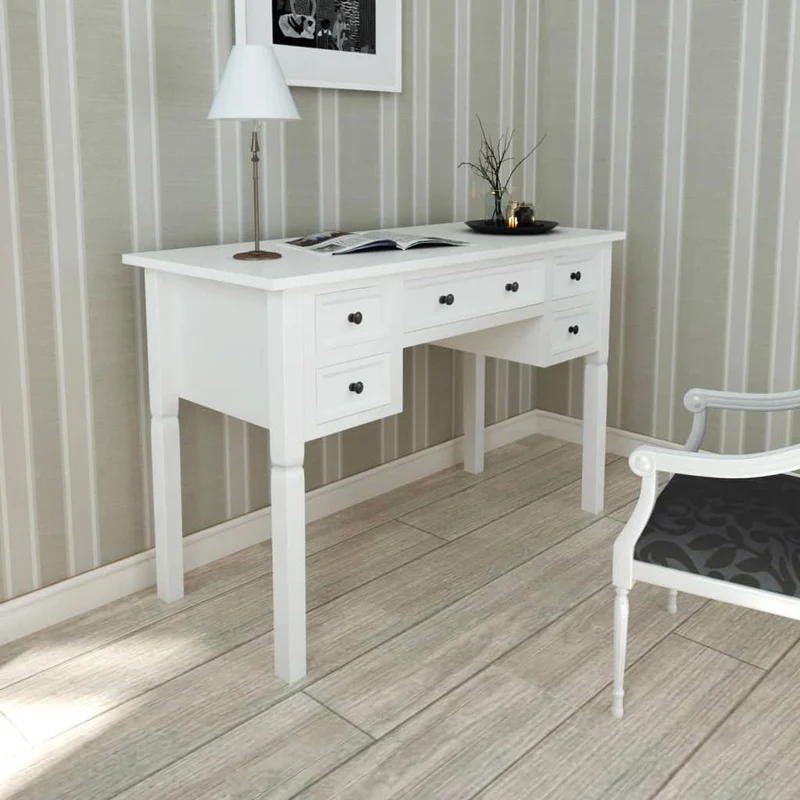 Bureau – Bureautafel – Computertafel – Werktafel – Schrijftafel – Wit – 5 Grote Lades – MDF en Grenenhout