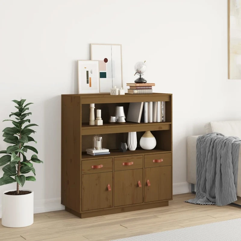 Hoogkast – Opbergkast – Kast – Boekenkast – Dichte Kast – Massief Dennenhout – Compact Hoog Model – Honingbruin