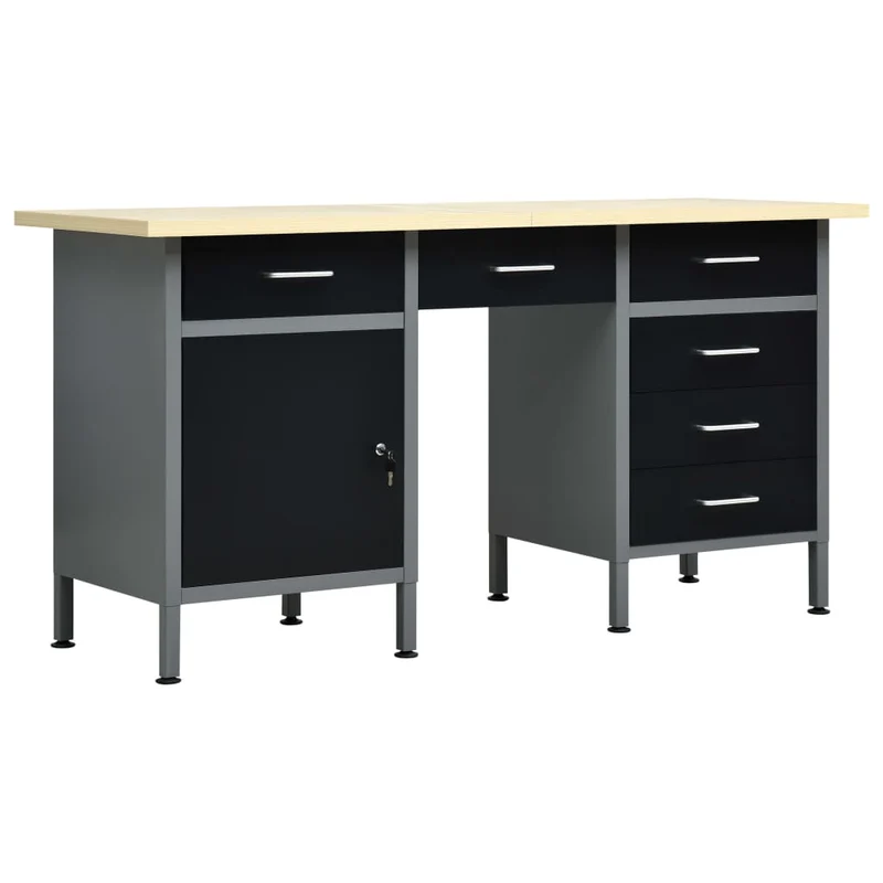 Werkbank – Werktafel – Klusbank – Werkbank Met Laden – Zwarte Werkbank – Stalen Frame – 160x60 cm Werkblad – 6 Laden Met Kogelgelagers