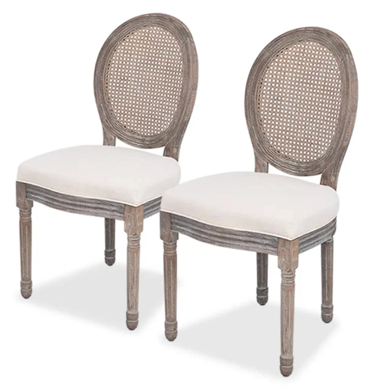 Eetkamerstoelen – Stoelen – Kuipstoelen – Linnen Stoelen – Rattan Stoelen – Set van 2 – Comfortabele Foamvulling – Stevig Houten Frame Crème