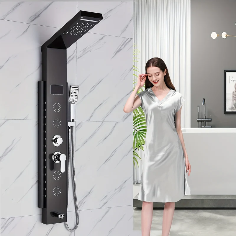 Stainless Steel Shower Column Shower Tower with Shower Mixer Tap, 7 Shower Modes:Rain And Waterfall Shower, 4 Body Massage Jets, 3 Modes Handheld Shower And Bathtub Spout, Brushed Nickel Shower Panel, Shower Sets For Bathroom