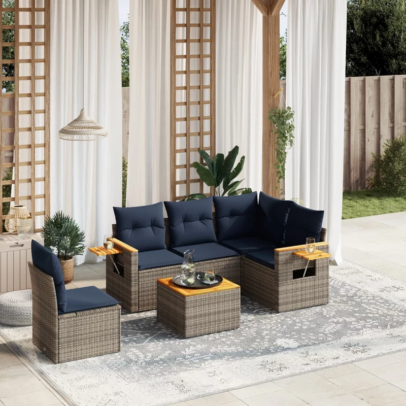 Loungeset – Tuinset – Zitgroep – Loungebank – Loungemeubel – PE-Rattan – Inclusief Opklapbare Bijzettafel – Weerbestendig Grijs Hout
