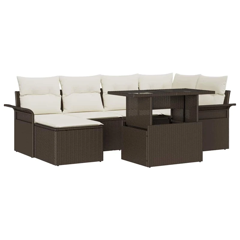Tuinbank – Buitenbank – Loungeset – Modulair – Tuinmeubel – Poly rattan – Weerbestendig – Met Glazen Tafel – Wit/Bruin