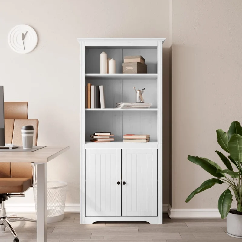 boekenkast – boekenrek – opbergkast – wandkast – vakkenkast – massief dennenhout – 3 open planken met 2 deuren – wit Frans design