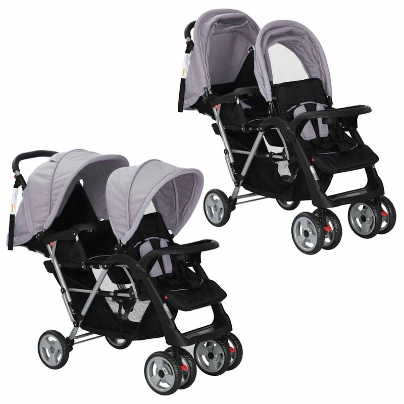 Buggy – Kinderwagen – Plooibuggy – Wandelwagen – Dubbele Buggy – Stalen Frame – Inklapbaar – Zonnekap – Grijs